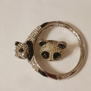 Panda Hinged Bracelet & RING Pave Black & WHITE Stainless Crystals Happy